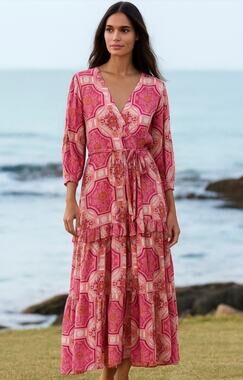 Lea Pink Printed Ruffle Trim Sami Wrap Maxi Dress Pink Medallion Print Sz M New